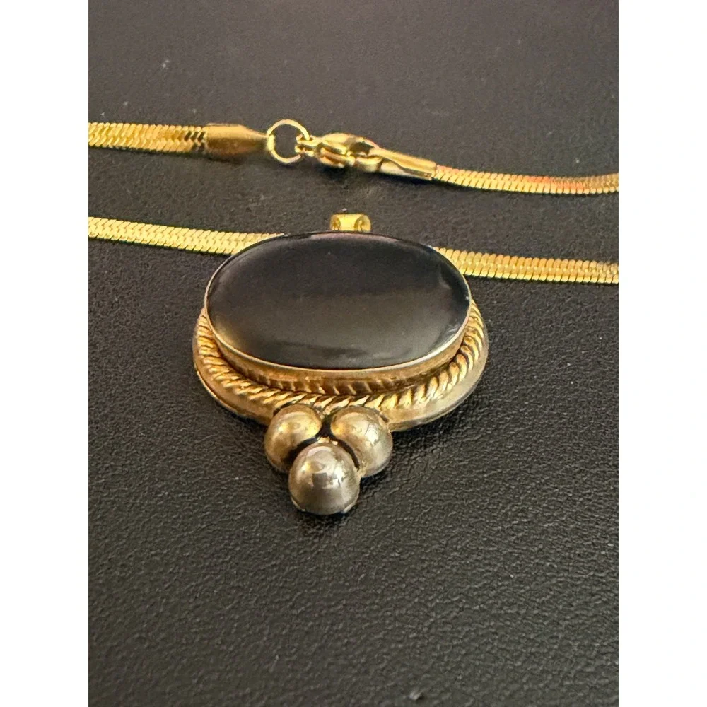 Vintage Necklace Gold Tone Black Herringbone Chain